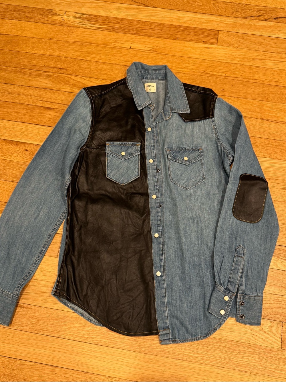 Gap Denim & Black Genuine Leather Western Shirt Jacket (Custom Made)